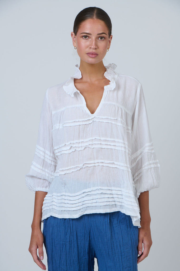 Pleat Detail Crinkle Cotton Top By Namastai - White