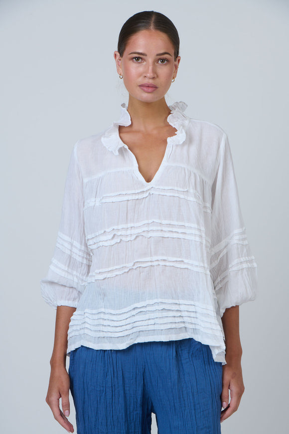 Pleat Detail Crinkle Cotton Top By Namastai - White