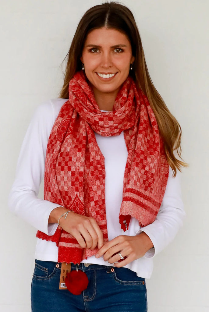 Winter Pom Pom Scarf - Red