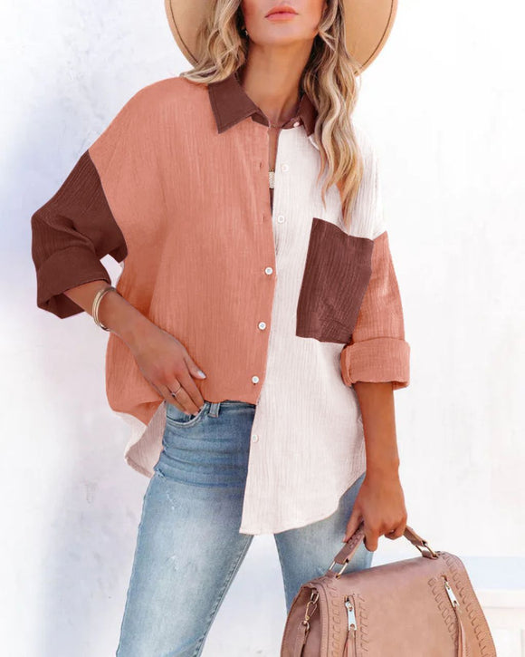 Textured Cotton Contrast Shirt - Dusty Pink