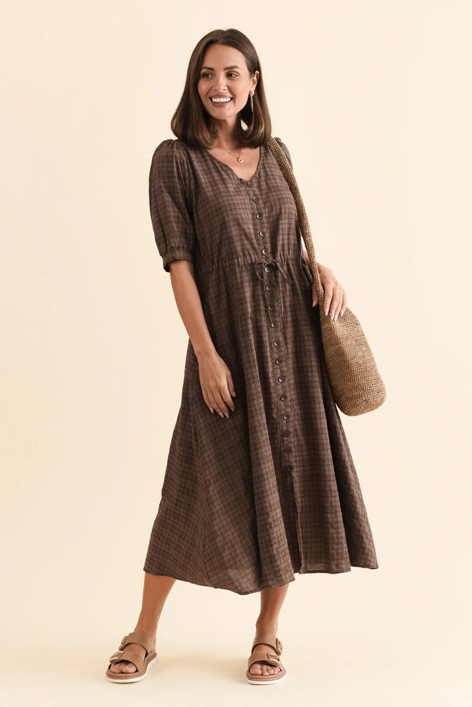 V Neck Drawstring Dress - Brown