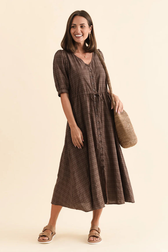 V Neck Drawstring Dress - Brown
