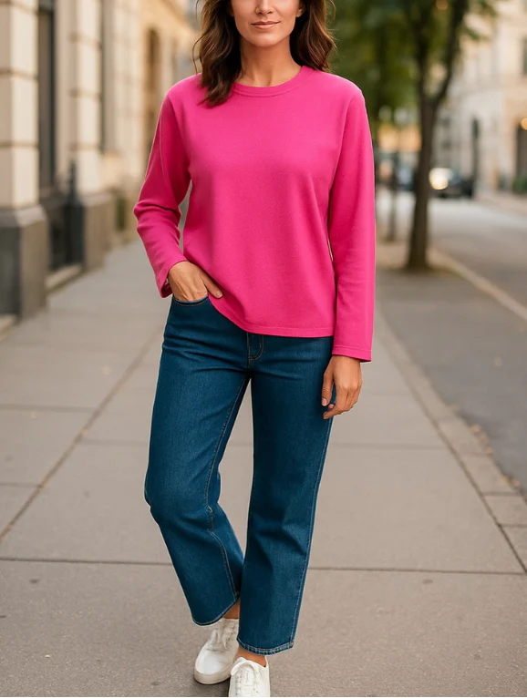 Fine Gauge Round Neck Sweater - Pink