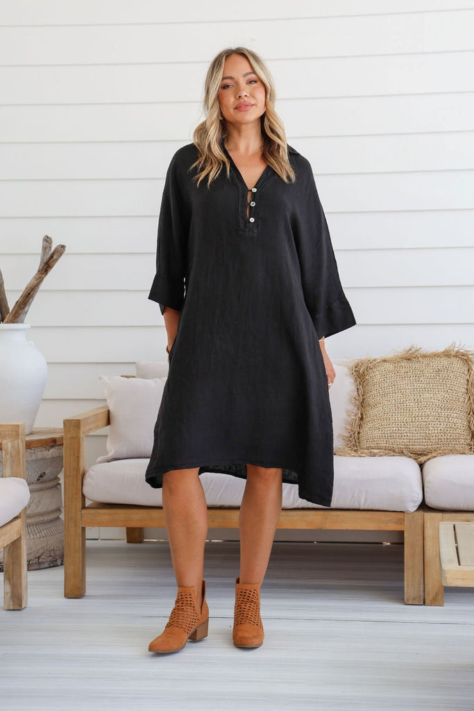 Autunno Linen Dress By Free Angel - Black