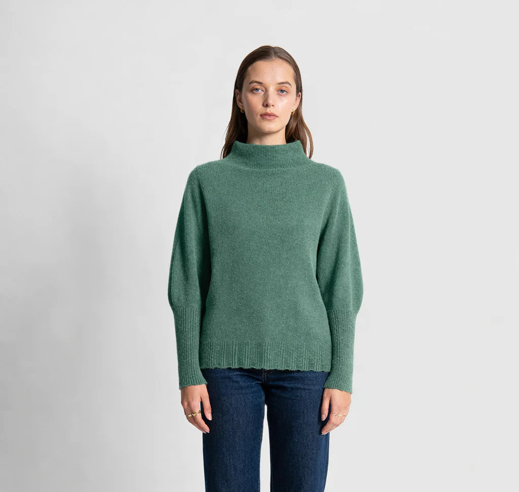 Funnel Neck Pointelle Puff Sleeve Knit  By Fields - Forest