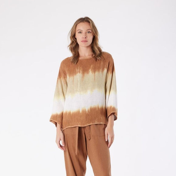 Nadia Hessian 3/4 Sleeve Top - Toffee Ombre