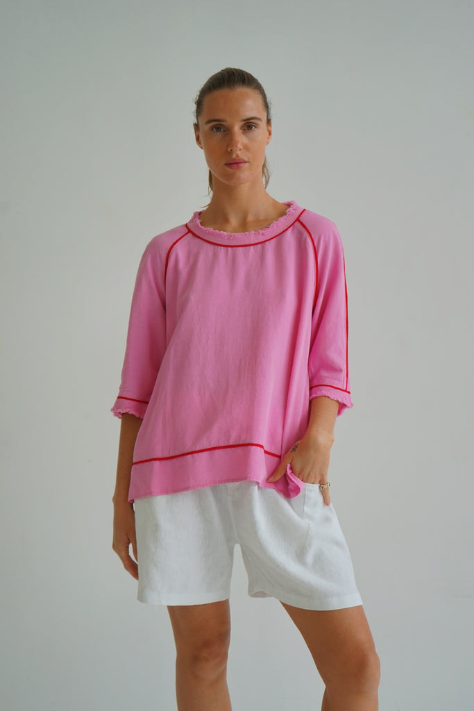 Khloe Linen Blend Top - Pink
