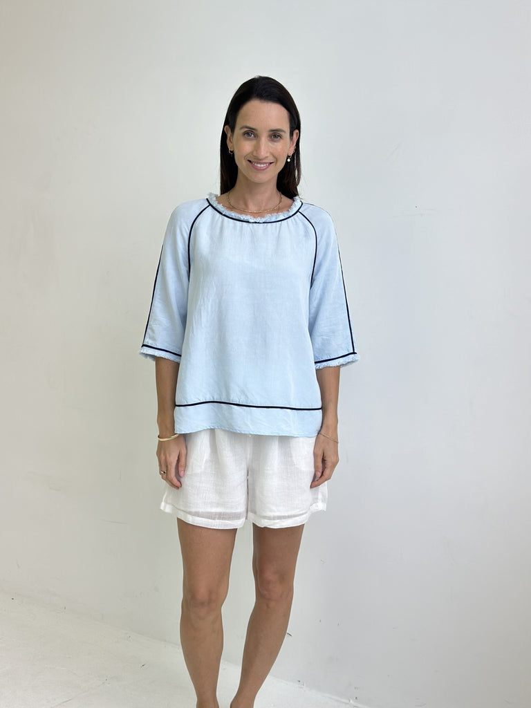 Khloe Linen Blend Top - Sky Blue
