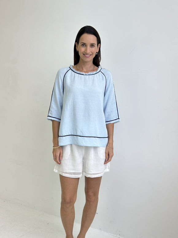 Khloe Linen Blend Top - Sky Blue