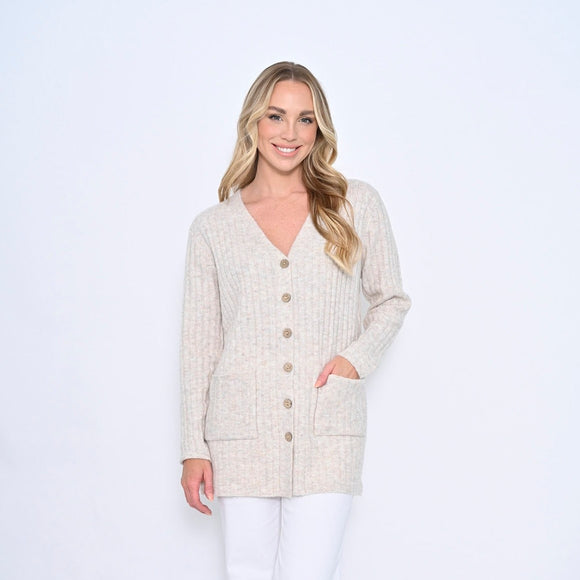 Button Through Long Cardigan With Pocket - Beige