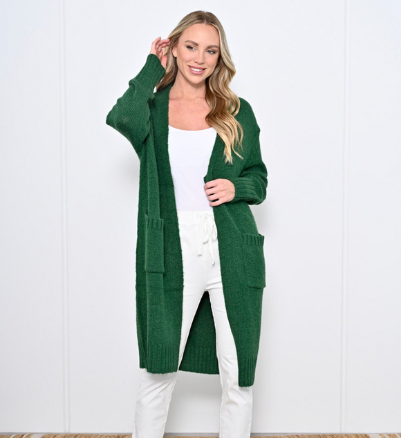 Everyday Long Cardi With Pockets - Green