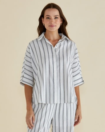 Lynwood Linen Shirt By Betty Basics - Black/White Stripe