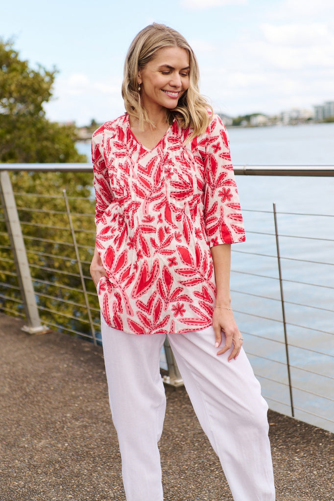 Tina V Neck Pleated Top By One Summer - Savannah Red