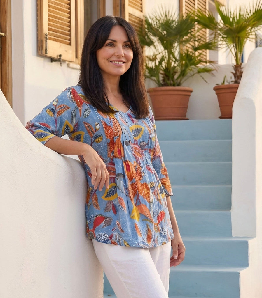Tina V Neck Pleated Top By One Summer - Tropical Foliage