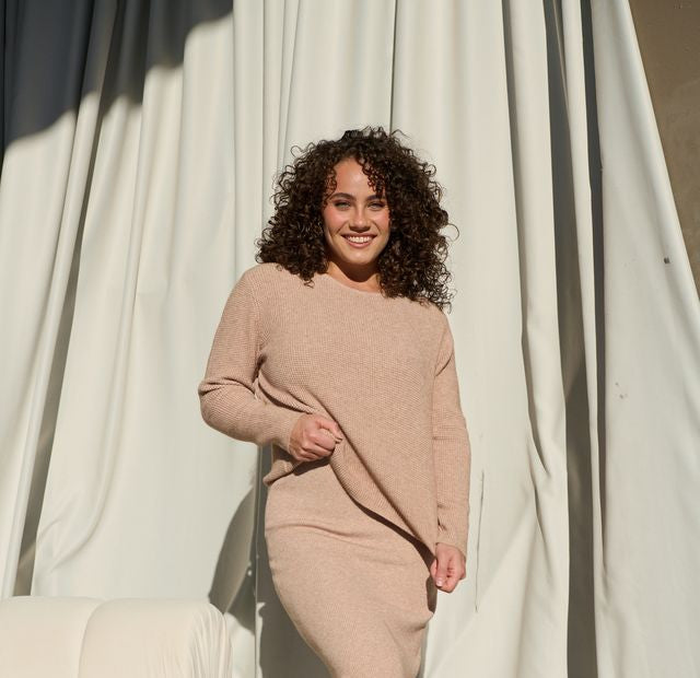 Round Neck Waffle Knit Top By Gelatu - Honey