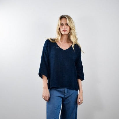 Estelle Hessian V- Neck Top - Navy