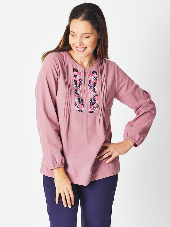 Quandra Embroidered Yoke Top - Musk